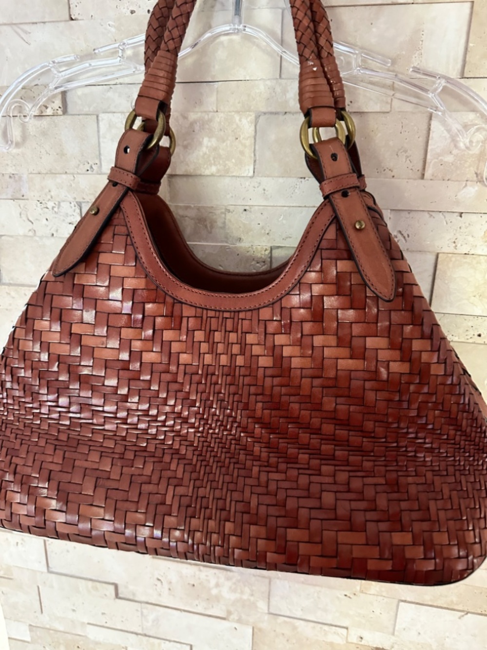 Cole Haan Genevieve Optical Weave Tan Leather Hobo Shoulder Bag Handbag